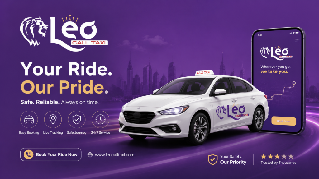 Leo Call Taxi homepage banner featuring a premium white taxi, mobile booking app, purple brand theme, 24/7 taxi service, live tracking, safe journey, and reliable transportation across Tamil Nadu.