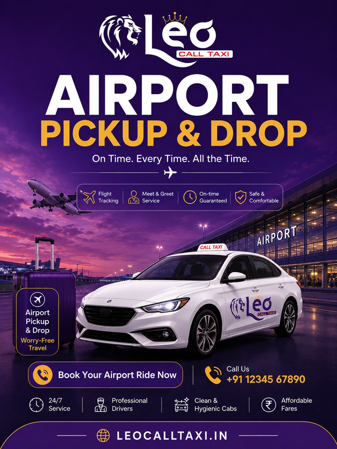 Leo Call Taxi airport pickup and drop service poster featuring a premium taxi, airport terminal, flight tracking, meet and greet service, professional drivers, and 24/7 airport transportation in Tamil Nadu.