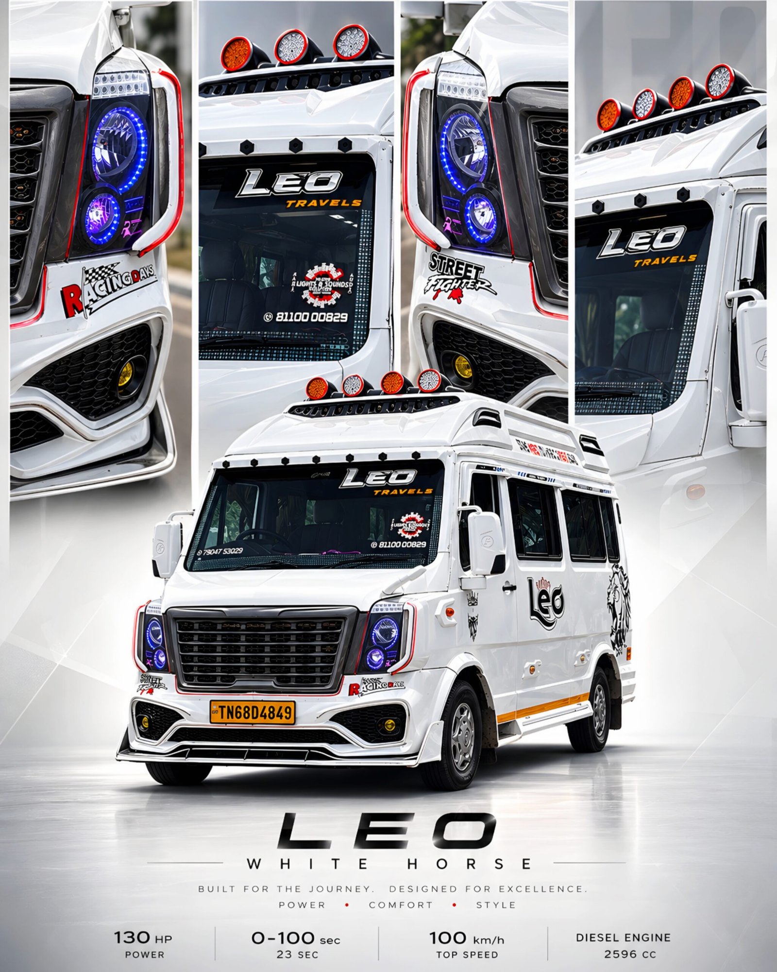 Leo Travels White Horse luxury Force Traveller van with custom premium design, comfortable seating, tourist travel service, family trips, airport transfers, and group tours in Tamil Nadu